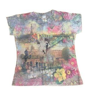 Vintage Jansport Paris Print Short Sleeve TShirt Juniors Tee Shirt Top Sz Large